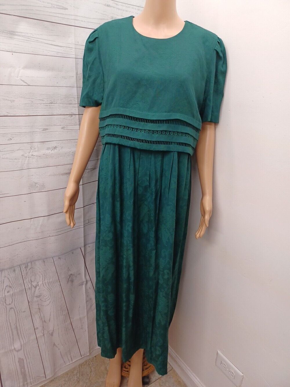 Vtg Karin Stevens Green Dress Jacquard Modest Mennonite Sz 14